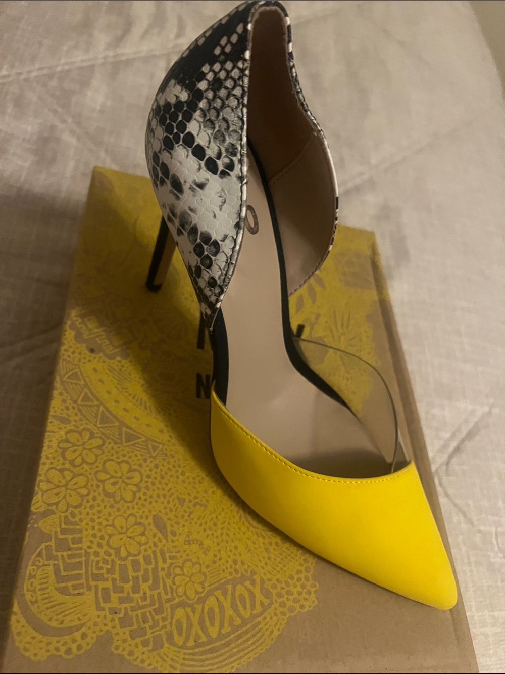 Mix No. 6 Yellow Pointed D'Orsay Pump with Snake-Print Heel